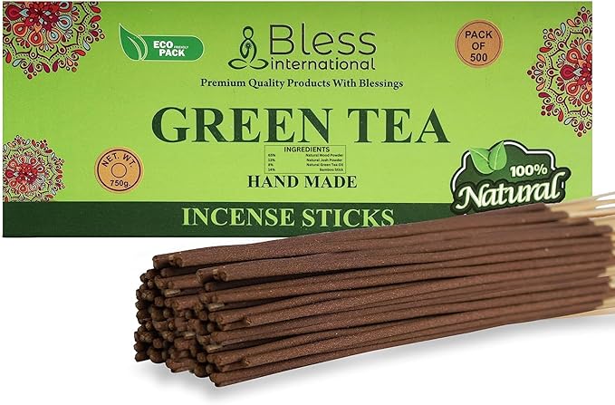 Bless-Green-Tea-Incense-Sticks 100%-Natural-Handmade-Hand-Dipped-Incense-Sticks Organic-Chemicals-Charcoal-Free Purification-Relaxation-Positivity-Yoga-Meditation Best-Woods-Scent (500 Sticks(26 OZ)) BlessInternational