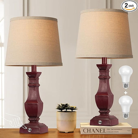 ROTTOGOON Dimmable Table Lamps Set of 2, Rustic Farmhouse Table Lamps for Living Room Bedroom, Bedside Desk Lamps for end Tables, Touch Lamps for nightstand, 9W Bulbs Included, 22", Antique Red - Bloomnest