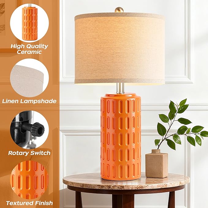 PARTPHONER 23" Farmhouse Modern Ceramic Table Lamp Set of 2 - Orange Bedside Lamps for Bedroom & Living Room, Nightstand, Desk, End Table - Bloomnest