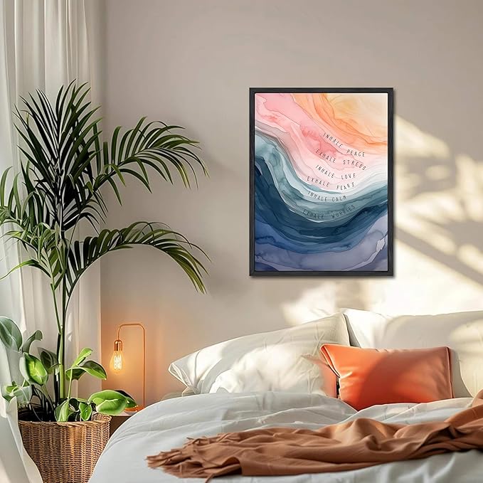 Mental Health Wall Art, Therapy Office Pictures Wall Decor, Inhale Exhale Art Paintings, Canvas Prints, Therapist Artwork for Meditation Room Calming Corner Decoration, Floating Framed 16x24 Inch - Bloomnest