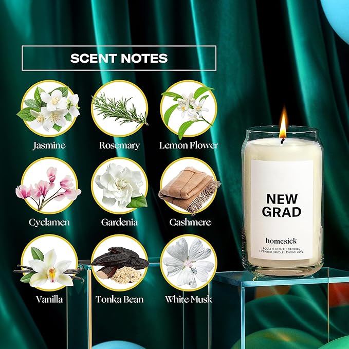 Homesick Scented Candles for Home (New Grad) - 13.75 oz Long-Lasting Soy Wax Jar Candle for Women & Men for All Occasions, 60-80 Hours Burn Time - Notes of Jasmine, Rosemary, Gardenia & Vanilla - Bloomnest