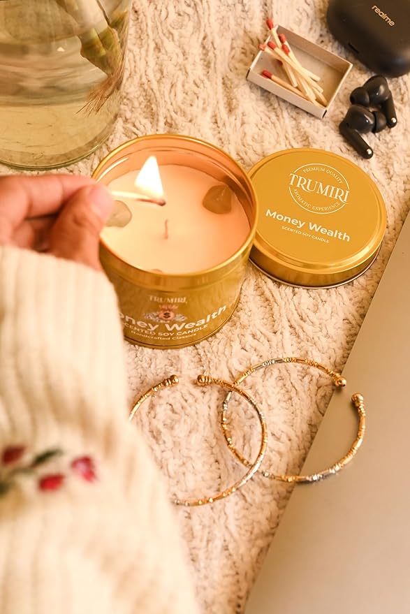 Money Wealth - Crystal Candles for Home Scented - 5oz Soy Wax Natural Clean Organic Non Toxic with Essential Oils - for Real Cash Luck Manifestation Aromatherapy Gift Bathroom - Long Lasting Candel TRUMIRI