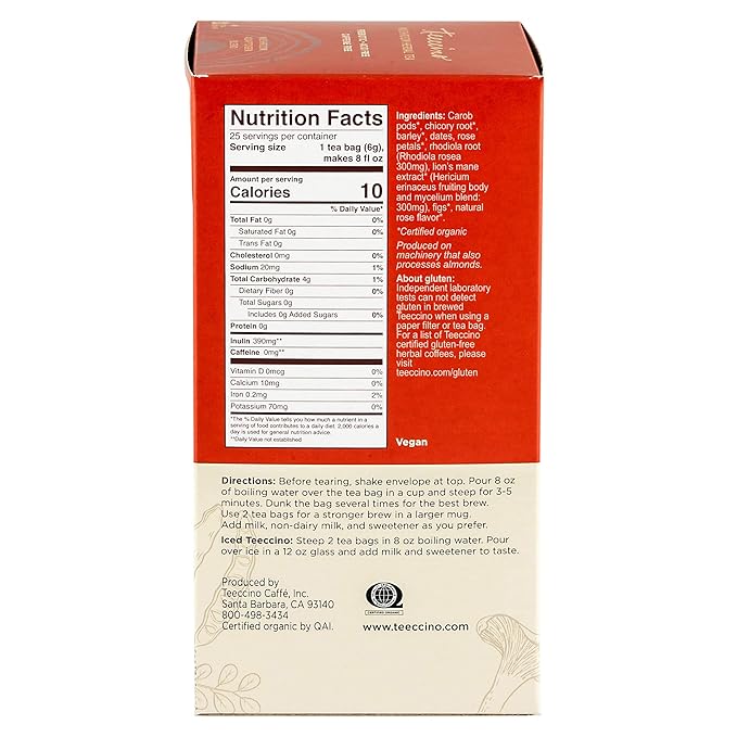 Teeccino Lion’s Mane Rhodiola Tea - Rose - Caffeine-Free Mushroom Adaptogenic Herbal Tea, 3x More Herbs than Regular Tea Bags, Lightly Sweet from Dates & Figs, Chicory Prebiotic - 25 Tea Bags (Pack of 3) - Bloomnest