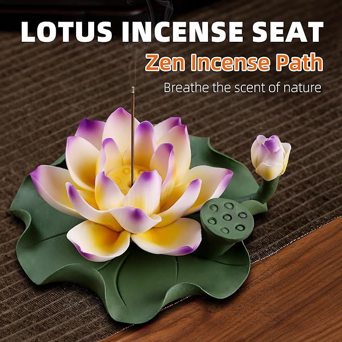 Lotus Incense Burner - Incense Burner Holder for Home Incense Holder Decor Incense Holder for Sticks Yoga, SPA (Z1-Purple Yellow) - Bloomnest
