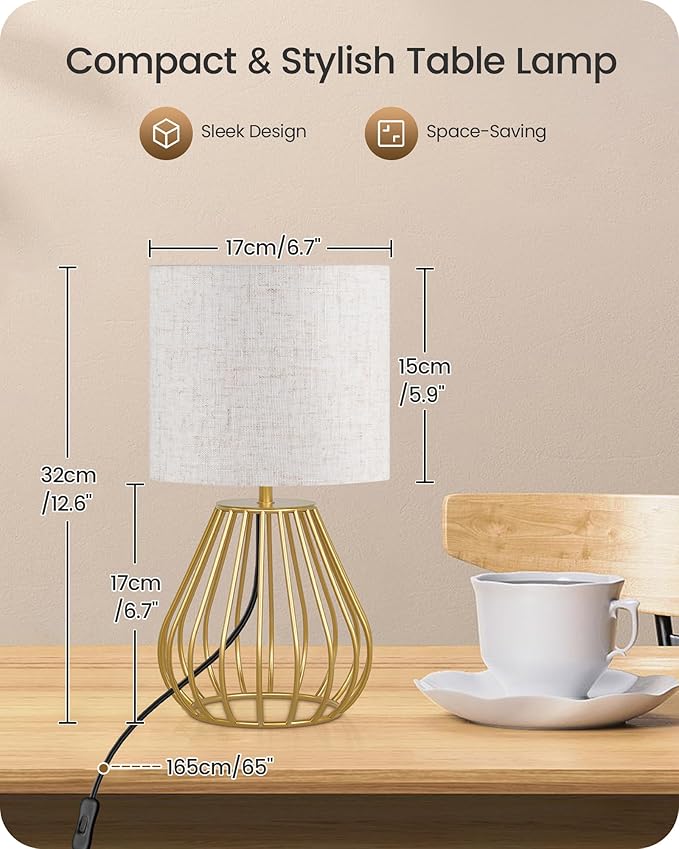 Gold Bedside Table Lamp, 12.6'' Small Table Lamp with Beige Linen Lampshade & Gold Teardrop Cage, Modern Little Cute Desk Lamp for Bedroom, Living Room, 2700K LED Bulb Included DE06TL05 - Bloomnest