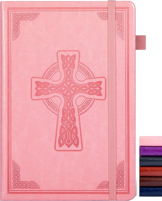 CAGIE Leather Lined Journal Notebook for Men & Women, Debossed Cross, 320 Pages 100 GSM Thick Paper, A5 Hardcover Journaling Notebooks for Writing, 5.7'' X 8.3'' Diary, Pink - Bloomnest
