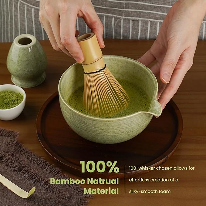 Matcha Whisk Set, Handcrafted Bamboo Chasen & Ceramic Bowl Matcha Kit, Complete 5 Pcs Matcha Set Whisk and Bowl W/Stainless Steel Sifter, Bamboo Scoop & Holder for Matcha Tea Ceremony (Mottled Green) - Bloomnest