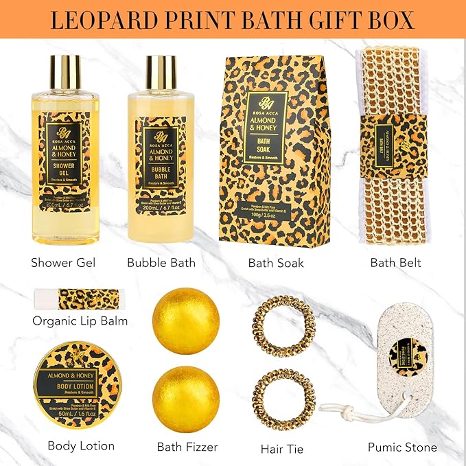 Valentines Day Gifts for Women, 20 Pcs XXL Leopard Bath and Body Gift, Skin Care Set, Self Care Gifts Set, Mother's Day, Birthday, Home Spa Kit, Holiday, Christmas, Shower Cap, Manicure Set - Bloomnest