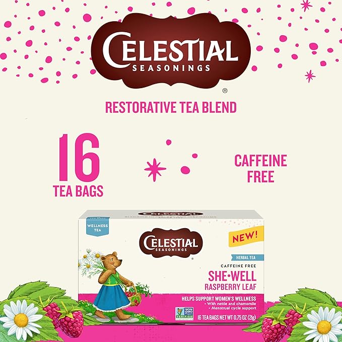 Celestial Seasonings SheWell Raspberry Leaf Wellness Tea, Caffeine Free, 16 Tea Bags Box - Bloomnest