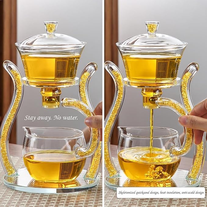 Magnetic Teapot Lazy Kung Fu Glass Semi Automatic Tea Set Household Transparent Tea Set Magnetic Induction Automatic Brewing Teapot Brewer (Yellow) - Bloomnest