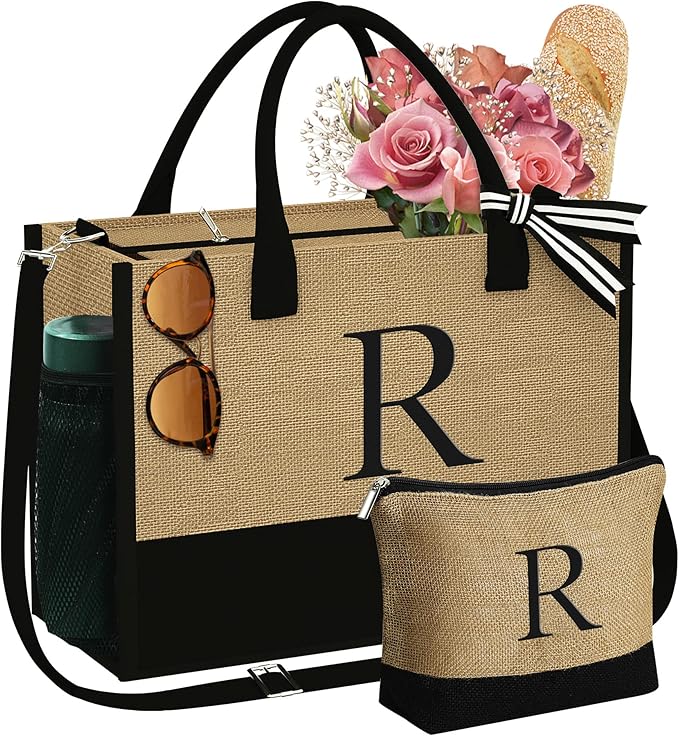 YOOLIFE Valentines Day Gifts for Her - Initial Jute Tote Bag & Makeup Bag, Birthday Gifts for Women Teacher Mom Wife Friend - Bloomnest