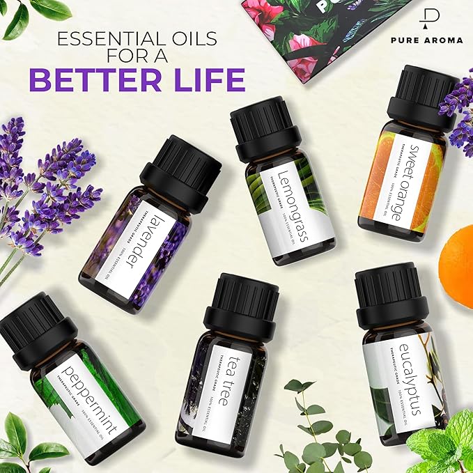 Essential Oils Set by Pure Aroma - Top 6 Aromatherapy Oils Gift Set-6 Pack, 10ml (Eucalyptus, Lavender, Lemongrass, Sweet Orange, Peppermint, Tea Tree) - Bloomnest