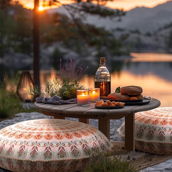 Codi Floor Pillows for Adults Set of 2, Large Boho Meditation Cushions with Memory Foam, Round Mandala Seating for Outdoor Yoga and Living Room, Washable, 32 Inch, Coral