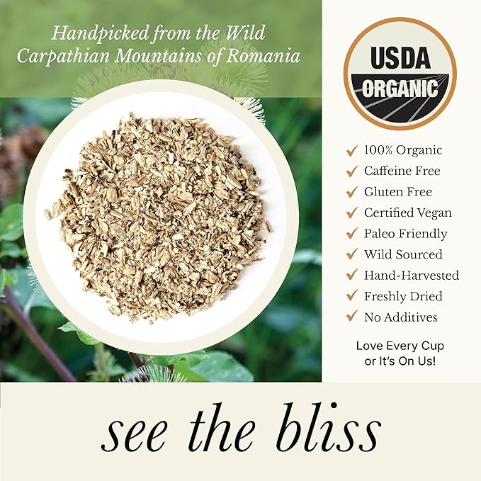 Wild Bliss Organic Burdock Root Tea - Caffeine Free Herbal Detox Support - Pharmacopoeia Quality - 25 Plant Based Tea Bags - Bloomnest