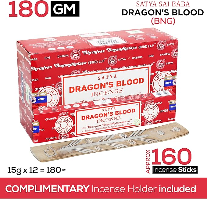 Satya Dragon Blood Incense Sticks, Satya Bng (Bangalore) Insenses 15gmx12 Pack with Raajsee Incense Holder Bundle, Satya Nag Champa Natural Incense - Bloomnest
