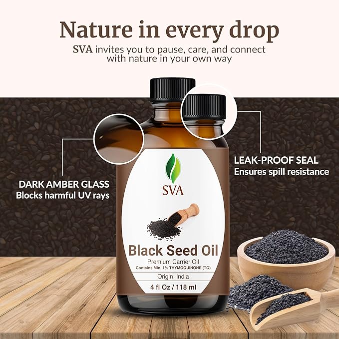 SVA Black Seed Oil - 4 Fl Oz – 100% Natural Cold Pressed Black Seed Oil - for Face, Skin Care, Hair Care, Scalp Massage & Body Massage – Carrier Oil with Dropper - Bloomnest