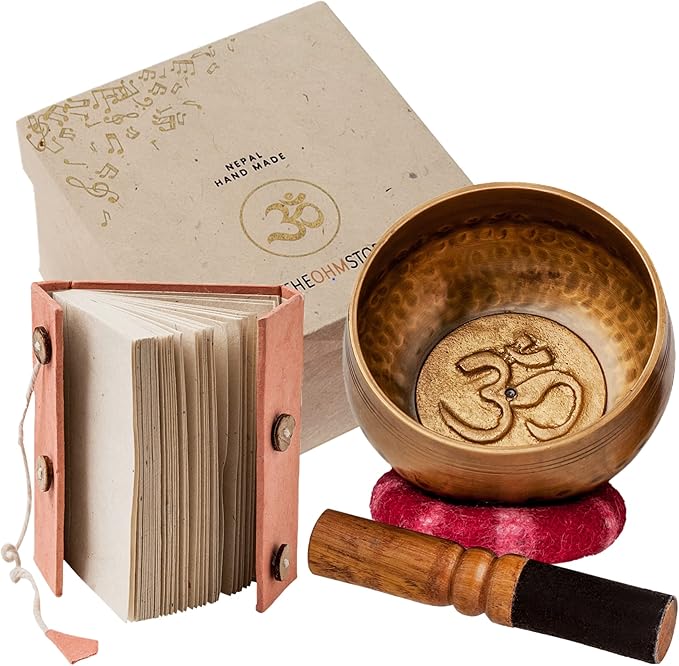 Ohm Store Tibetan Singing Bowl and Lokta Journal Set — Handcrafted Nepali Meditation Sound Bowl Self Care Gift for Stress Relief, Spiritual Chakra Healing, and Mindfulness