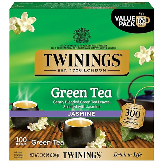 Twinings Green Tea with Jasmine Individually Wrapped Bags, 100 Count (Pack of 1), Fragrant Floral Scent, Caffeinated, Enjoy Hot or Iced, 100 Teabags