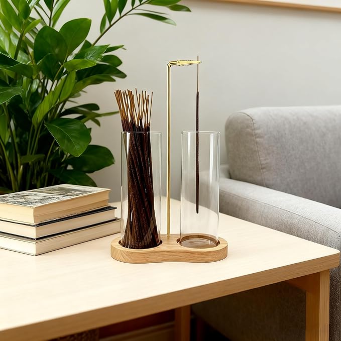 Glass Incense Holder, Incense Sticks Burner Holder with Storage,Hang Upside Down Incense Holder for Sticks with Glass Ash Catcher for Meditation Yoga Spa Room Decor (Natural) - Bloomnest