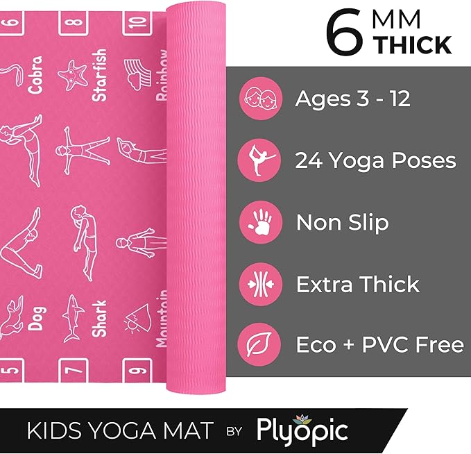 Plyopic Kids Yoga Mat - Non-Slip Lightweight TPE Exercise Mat - Ideal for Boys & Girls (Ages 3-12), Toddlers & Children in Kindergarten, Preschool, School. PVC Free. 6mm Thick. Carry Strap - Bloomnest