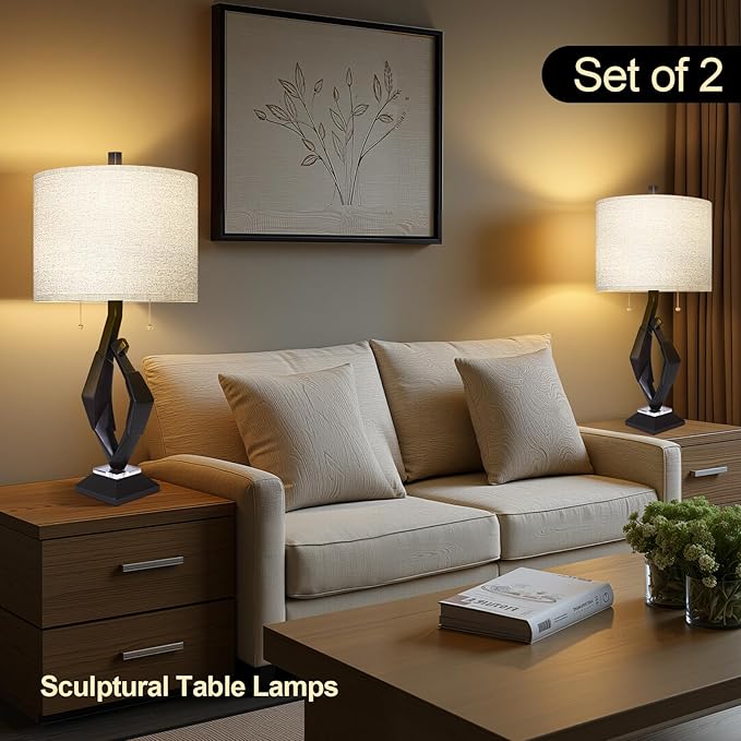Scenekoy Sculptural Resin Table Lamp Set of 2 with USB Ports for Bedroom Living Room, 26” Black-Brown Dual Pull Chains Bedside Lamps, Nightstand Lamp for Home Room Decor (Bulbs Included) - Bloomnest