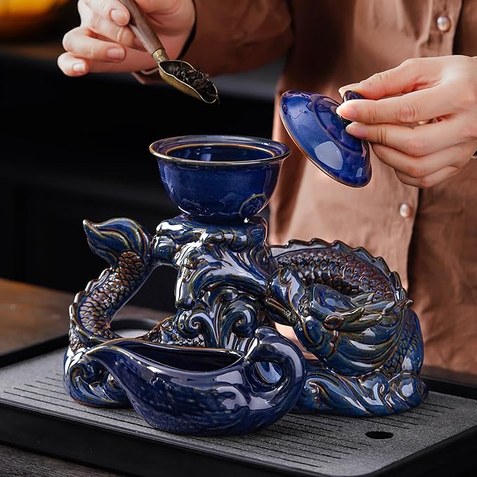 Semi Automatic Tea Set Ceramic Teapot with Infuser Magic Teapot with 8 cups (Dark Blue Dragon-D) - Bloomnest