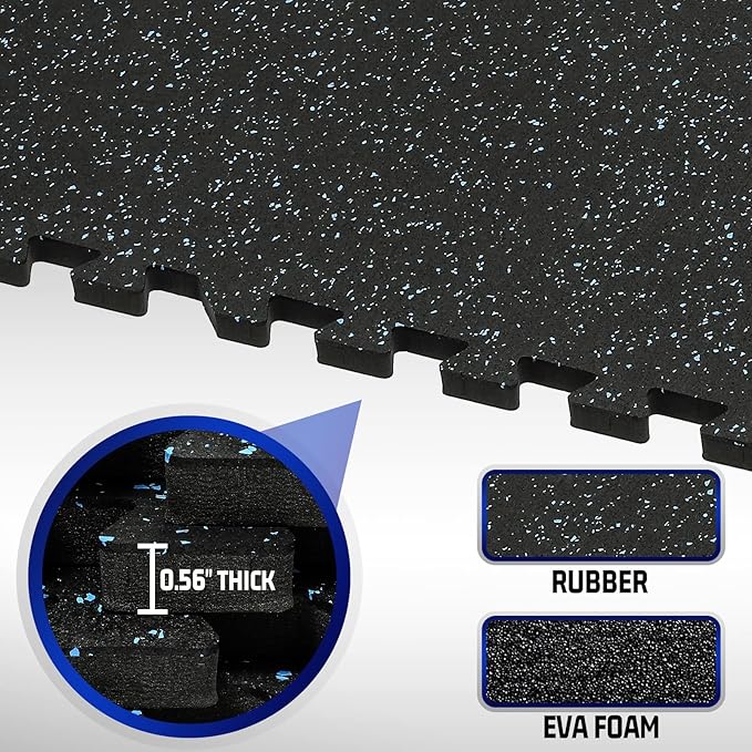 SUPERJARE 0.56'' Thick 12 Pcs 48 Sq Ft Rubber Top Exercise Equipment Mats, High Density EVA Foam Mats with Rubber Top, Interlocking Gym Flooring for Home Gym, Protective Workout Mat, Black/Blue - Bloomnest