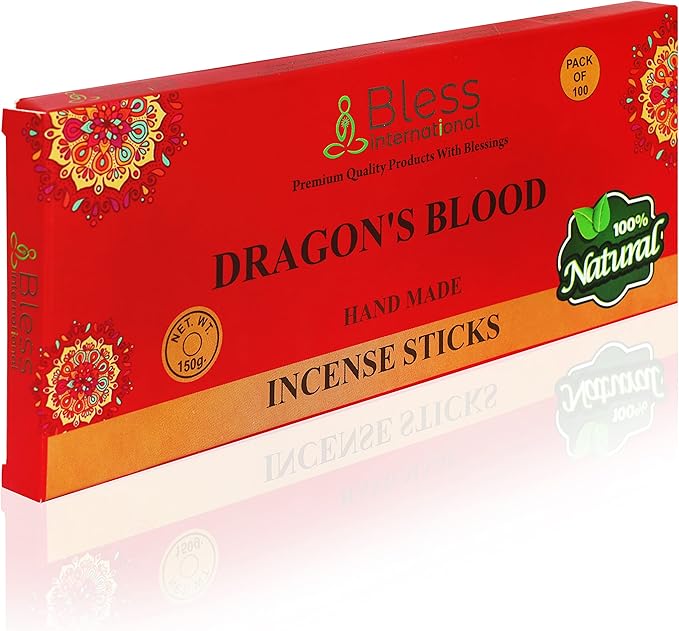 Bless-Dragons-Blood 100%-Natural-Handmade-Hand-Dipped Organic-Chemicals-Charcoal-Free Purification-Relaxation-Positivity-Yoga-Meditation Best-Woods-Scent (100 Sticks (5.25 OZ)) BlessInternational