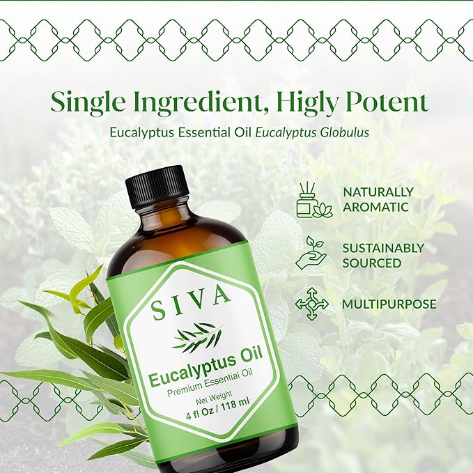 Siva Eucalyptus Essential Oil - 4 Fl Oz – 100% Natural Eucalyptus Oil - for Diffuser, Face, Skin Care, Aromatherapy, Hair Care, Scalp and Body Massage - with Dropper - Bloomnest