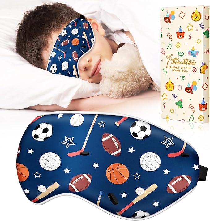 Sleep Mask for Kids - Silk Eye Mask for Sleeping Cute Cartoon Kids Sleep Mask for Boys Girls Teens Soft Smooth Adjustable Straps Silk Kids Eye Cover, Blue Ballgame - Bloomnest