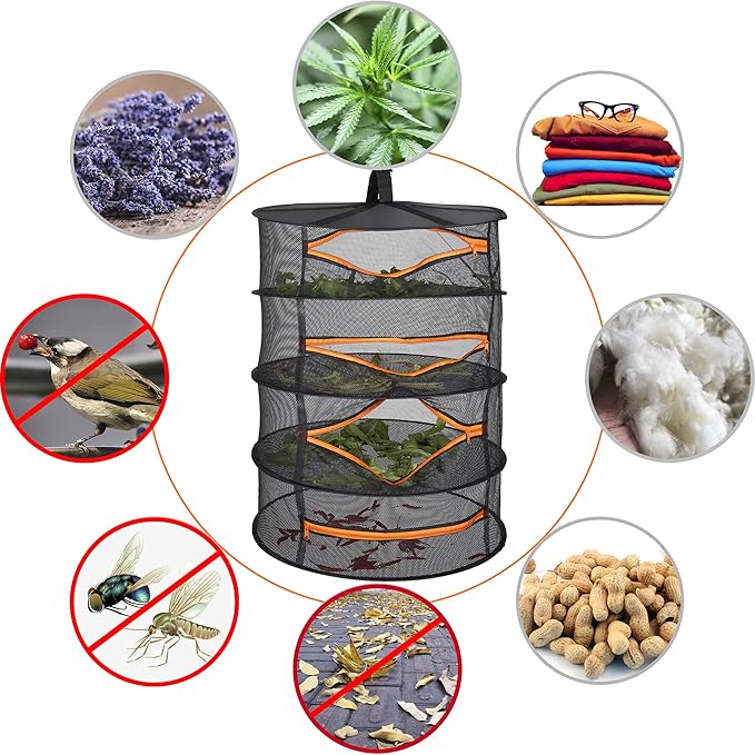 Desy & Feeci Herb Drying Rack-2ft Diameter 4 Layer Folding Mesh Hanging Basket Dryer Net with Zippers for Seeds Flowers Buds Plants Garden Outdoor Bumper Harvest(D24xH31 inch) - Bloomnest