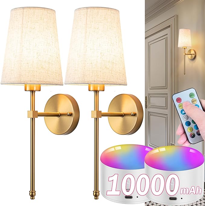 Battery Operated Wall Sconce Set Of Two with Remote Control, Indoor Not Hardwired Dimmable Battery Operated Wall Sconce Light Fixture with Fabric Linen Shade For Bedroom Living Room, Bulb Included ( C - Bloomnest