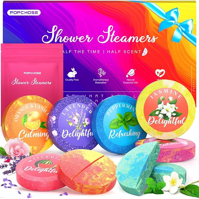 POPCHOSE Christmas Gifts for Women - Shower Steamers Aromatherapy 8 Pack with Gift Box, Self Care Spa Gifts for Mom, Men, Dad, and Teens - Relaxing Stocking Stuffers for Thanksgiving, Birthday - Bloomnest