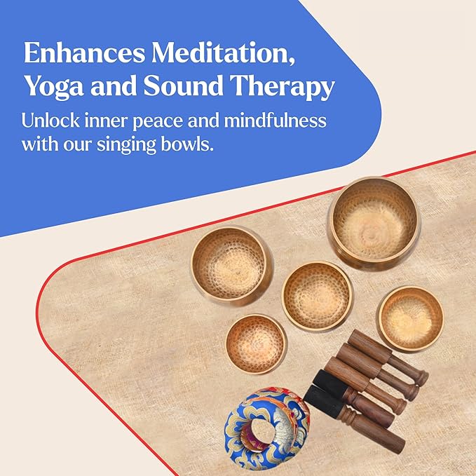 Tibetan Singing Bowl Set-Authentic Cuencos Tibetanos for Sound Healing, Meditation & Chakra Balancing - Includes Cushion, Mallet-Unique Spiritual Gifts for Women and Men (5 Chakra Bowl Set) LNYSI