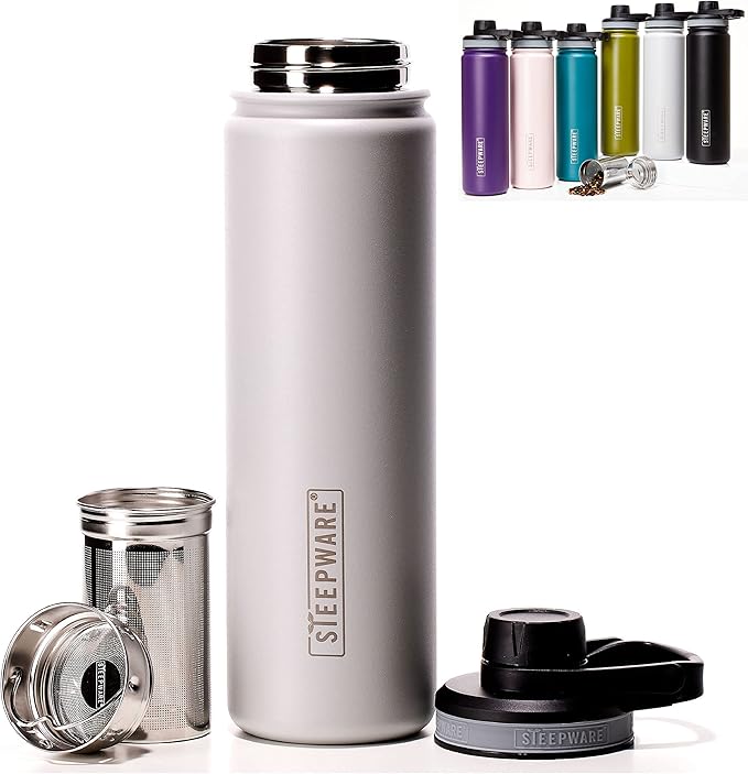 The Tea Spot Steepware Tea Tumbler,Tea Thermos, 22oz, Fog Grey- Travel Bottle with Tea Infuser for Loose Leaf Tea or Iced Coffee - Sleek Double-Walled Insulated Bottle - Bloomnest