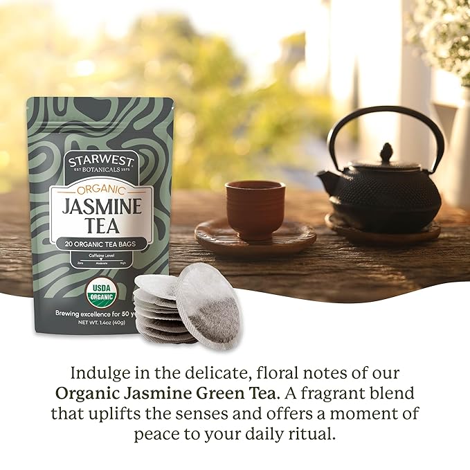 Starwest Botanicals Organic Jasmine Tea - Caffeinated Herbal Blend, Green Tea Scented with Natural Jasmine Flowers, Fragrant & Uplifting, Enjoy Hot or Iced, USDA Organic, Non GMO - 20 Tea Bags - Bloomnest
