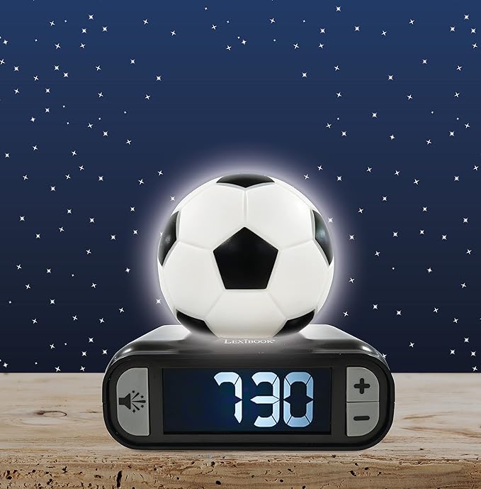 LEXiBOOK - Soccer Ball Digital Alarm Clock with Night Light Snooze, Clock, Luminous Soccer Ball, Black Colour - RL800FO - Bloomnest
