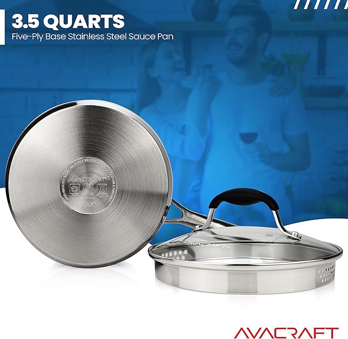 AVACRAFT Stainless Steel Saucepan with Glass Strainer Lid, Two Side Spouts for Easy Pour with Ergonomic Handle, Multipurpose Sauce Pot (5-Ply Capsule Bottom, 3.5 Quart) - Bloomnest