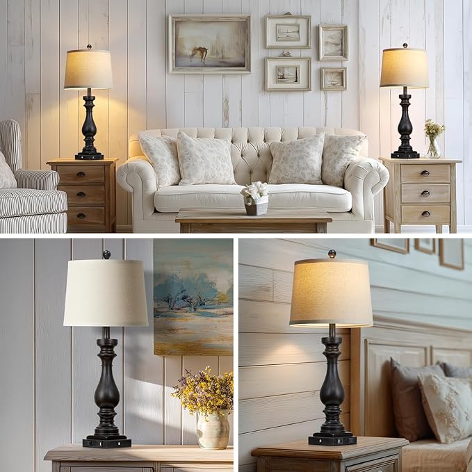 29" Tall Vintage Table Lamps Set of 2,Black Farmhouse Bedside Lamps with USB C+A Ports & AC Outlet,3-Way Dimmable Touch Lamp for Night Stands Living Room Bedroom,Black - Bloomnest