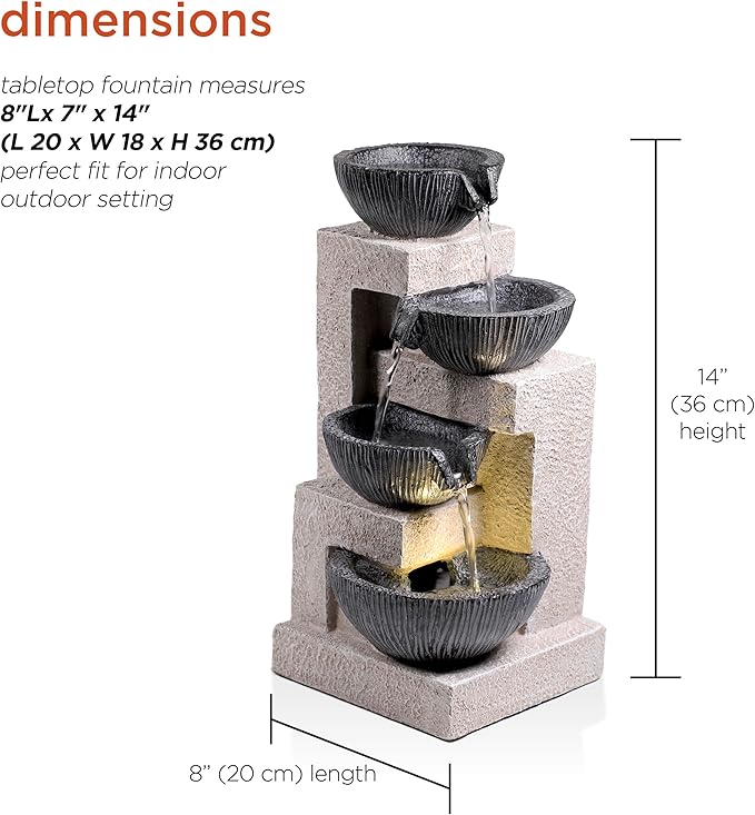 Alpine Corporation WIN1578 14" Cascading Tabletop Bowl Fountain with LED Lights – Elegant Water Fountain for Home, Office, Living Room, Bedroom, and Desk, Gray - Bloomnest