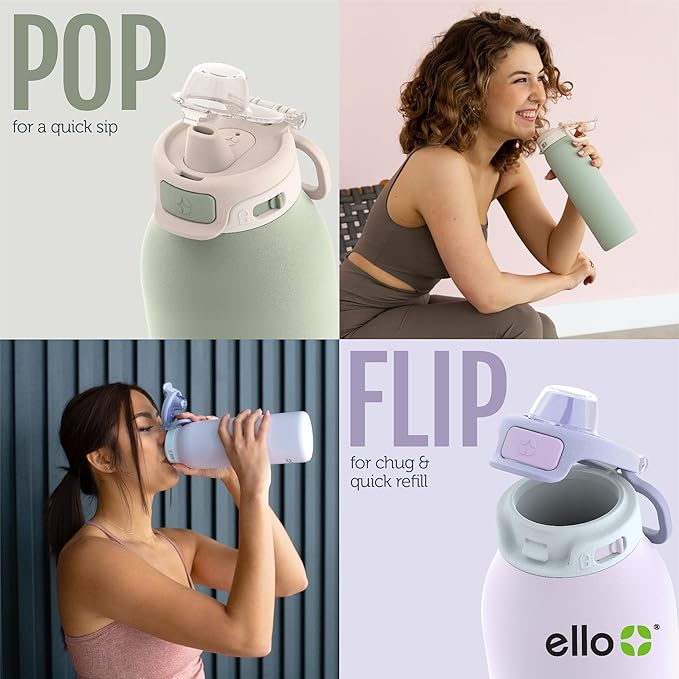 Ello Pop & Fill Insulated Stainless Steel Water Bottle with Quick Fill Lid, Leakproof Locking, Sip or Chug Spout, BPA-Free, Double Wall Vacuum Insulated for Sports, Travel & School- 22oz / 32oz / 40oz Ello