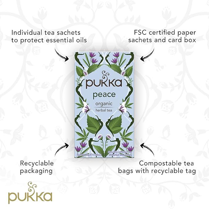 Pukka Organic Tea Bags, Spearmint, Ashwagandha, and Hemp Seed Oil, Peace Herbal Tea, 20 Count (Pack of 3) - Bloomnest