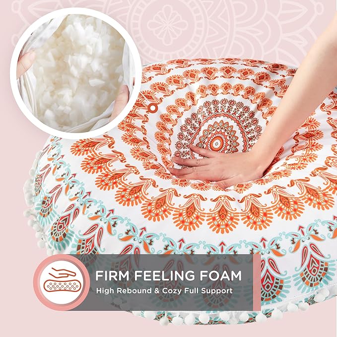 Codi Meditation Floor Pillow, Round Large Pillows Seating for Adults, Bohemian Mandala Circle Cushion for Outdoor Fireplace Yoga Living Room, 32 Inch, Memory Foam Added, Coral - Bloomnest