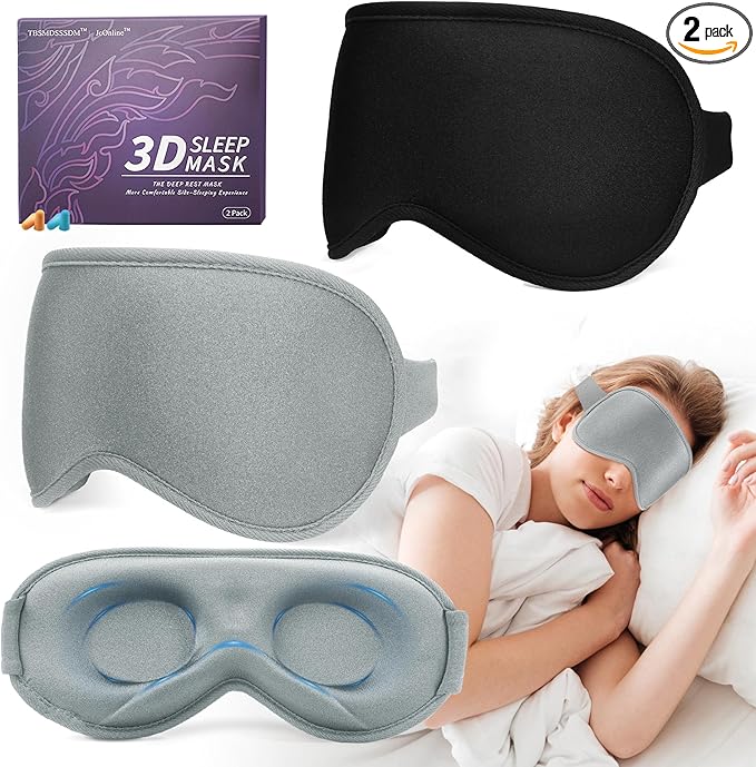 3D Sleep Mask for Men Women 2 Pack, Blackout Eye Mask for Sleeping Eye Mask for Side Sleeper, Memory Foam Adjustable&Washable, Airplane Travel Essentials Couples Yoga Meditation Black & Silver-Gray - Bloomnest