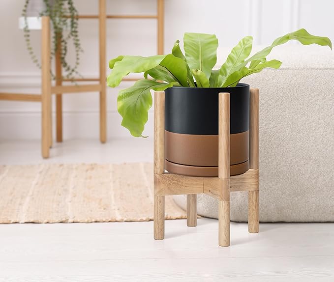 D'vine Dev Ceramic Planter with Natural Stand - 8 Inch Modern Round Flower Pot with Wood Planter Holder, Black/Speckled Tan, 55-B-N-7 - Bloomnest