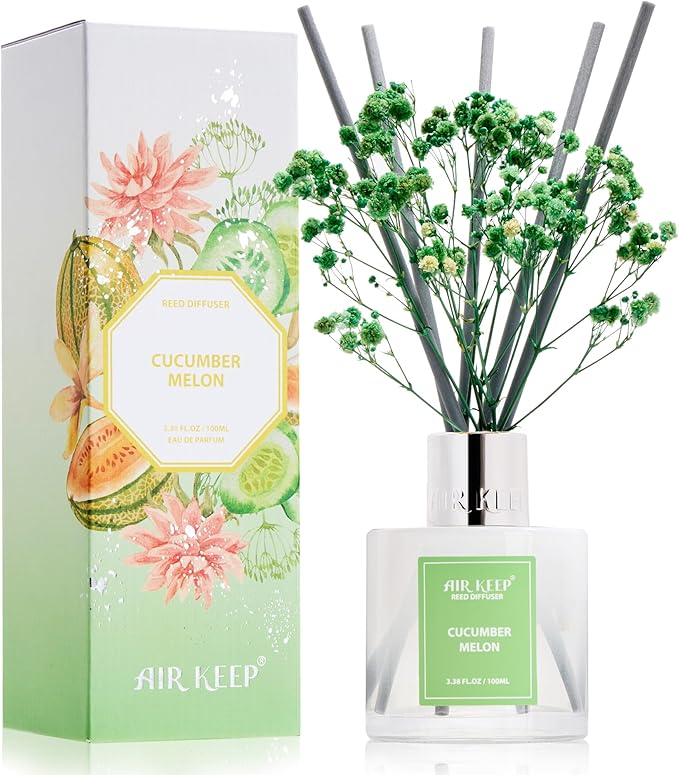 Airkeep Reed Diffuser Set,3.38 fl oz (100 ml) - Cucumber Melon Oil Diffusers with 8 Reed Sticks, Home Fragrance Reed Diffuser for Bathroom Shelf Decor - Bloomnest