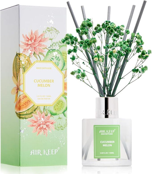 Airkeep Reed Diffuser Set,3.38 fl oz (100 ml) - Cucumber Melon Oil Diffusers with 8 Reed Sticks, Home Fragrance Reed Diffuser for Bathroom Shelf Decor - Bloomnest