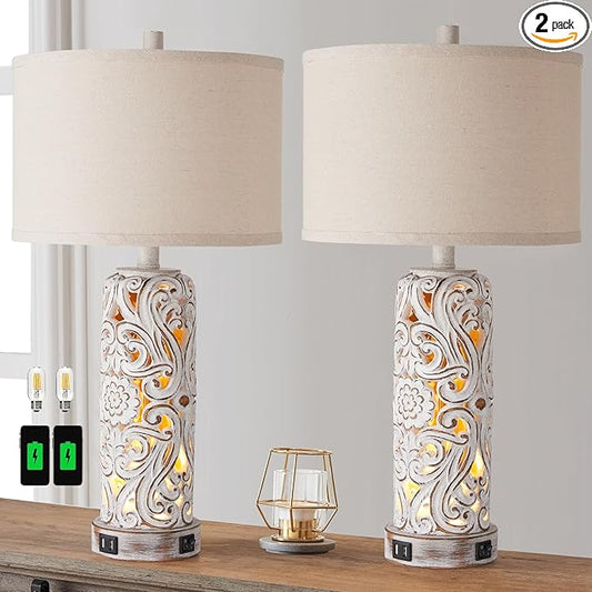 Set of 2 Rustic Farmhouse Table Lamps for Living Room Bedroom, Vintage Bedside Lamp with Dual USB Port, Antique White Resin Retro Nightstand Lamps with Night Light - Bloomnest