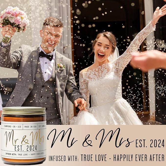 Wedding Gifts for Couples 2024, Mr and Mrs Gifts - 'Mr & Mrs Est. 2024' Candle, w/Champagne on Ice I Unique Newlywed Wedding Gifts for Couple I Wedding Shower Gifts Bride & Groom I 50Hr Burn,USA Made - Bloomnest