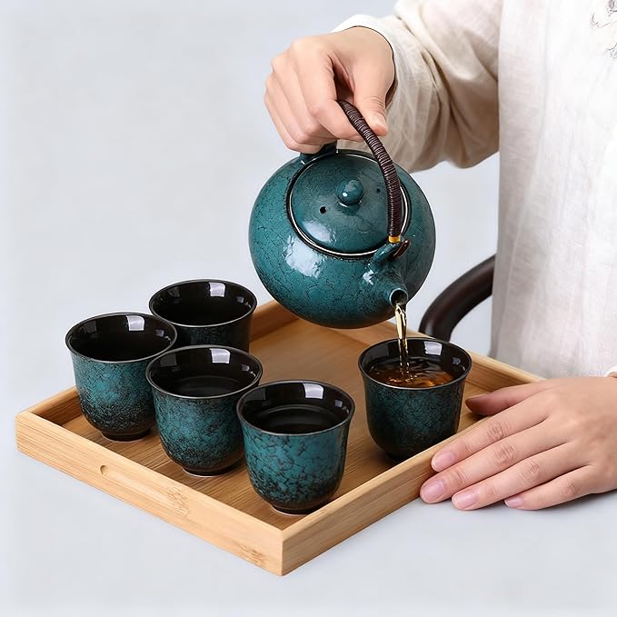 KEYDUACU Japanese Tea Set, Ceramic Tea Set, Plum Blossom Embossed, Teapot, 6 Teacups, Tea Tray, Strainer, Home, Outdoor, Gift, Chinese Kung Fu Tea Set (Pine Green) - Bloomnest